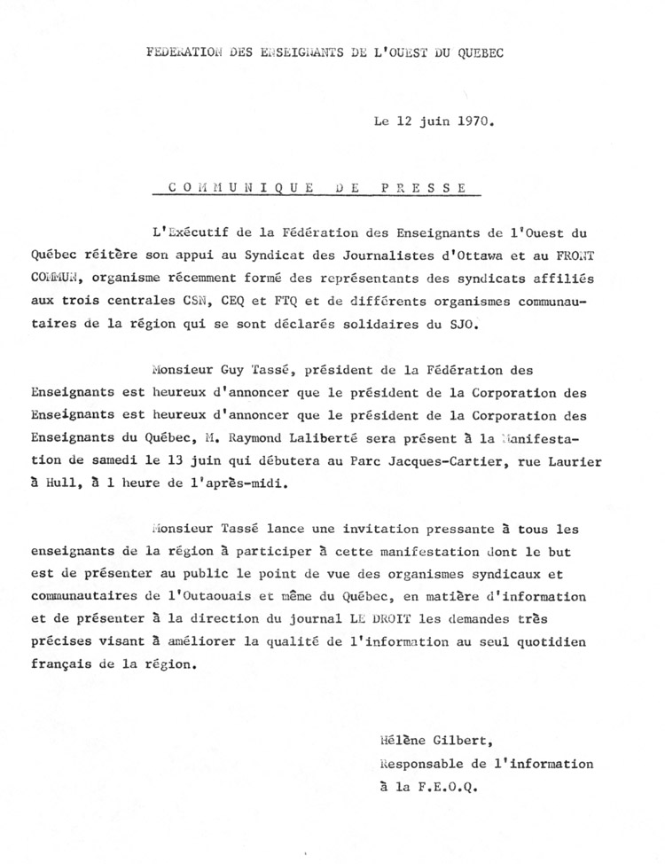 Communiqu&eacute; de la F&eacute;d&eacute;ration des enseignants de l'Ouest du Qu&eacute;bec
