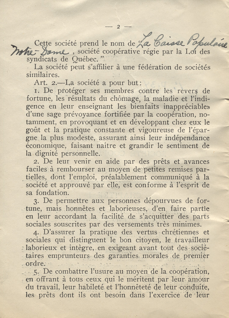 Reproduction de la deuxi&egrave;me page des statuts de la Caisse populaire Notre-Dame d’Ottawa, 3 mars 1925