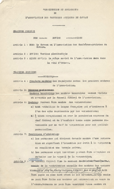 Copie de la constitution de L'Association des confr&egrave;res-artistes du Caveau (1947)