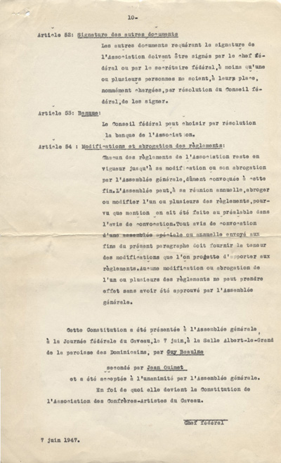 Copie de la constitution de L'Association des confr&egrave;res-artistes du Caveau (1947)
