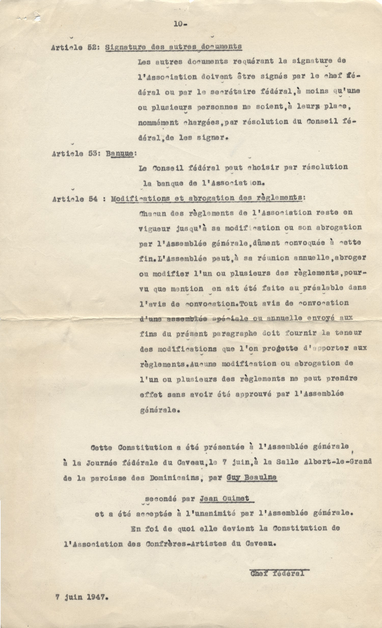 Copie de la constitution de L'Association des confr&egrave;res-artistes du Caveau (1947)
