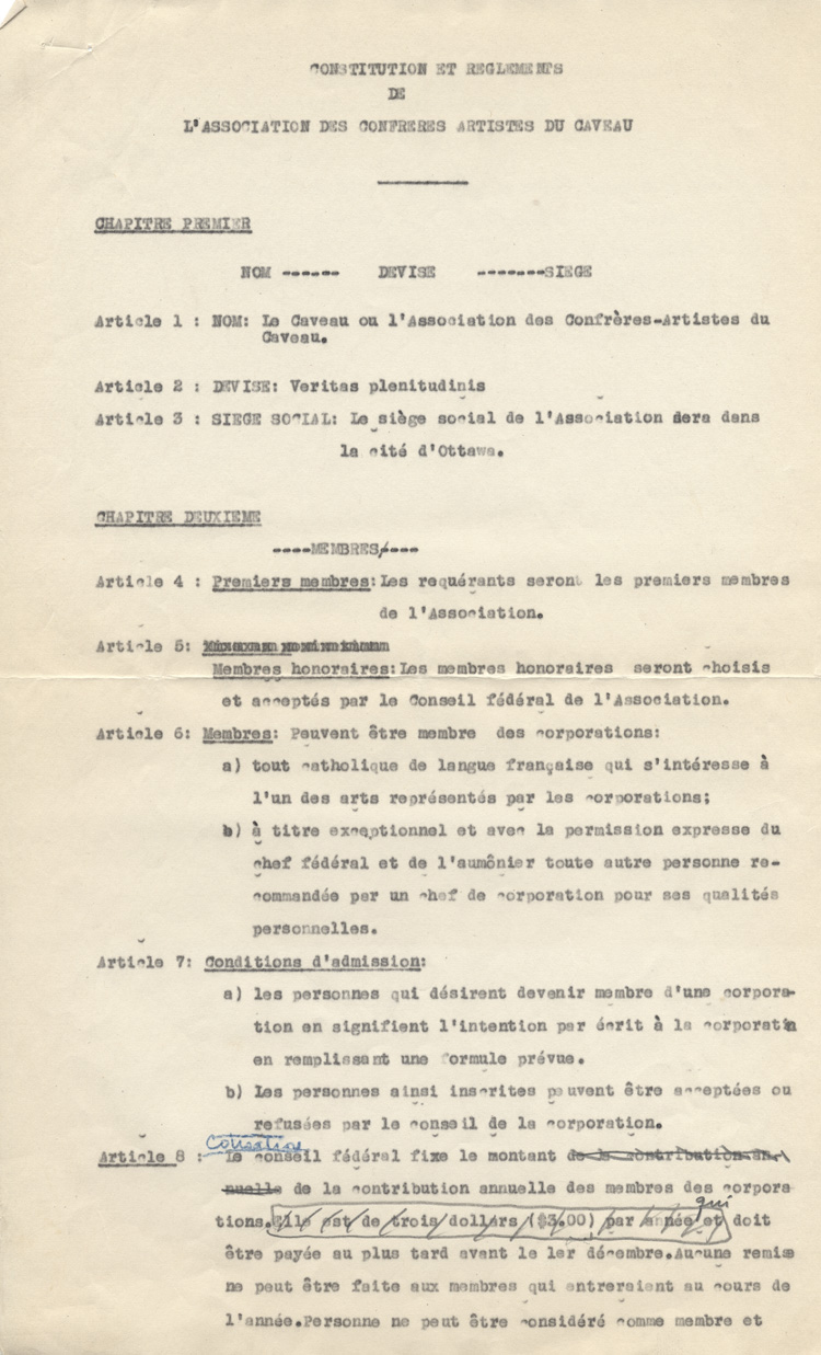Copie de la constitution de L'Association des confr&egrave;res-artistes du Caveau (1947)