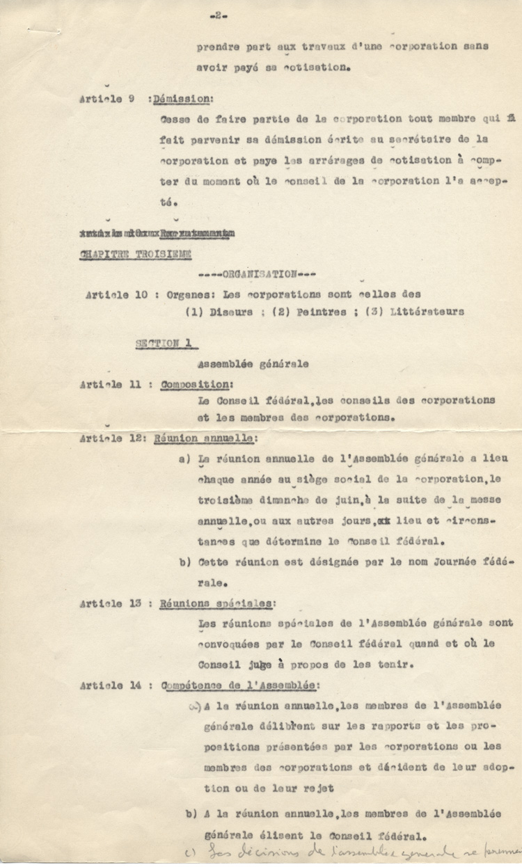 Copie de la constitution de L'Association des confr&egrave;res-artistes du Caveau (1947)