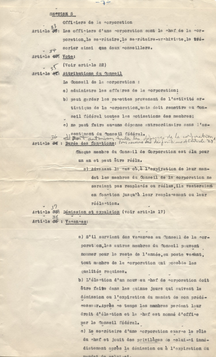 Copie de la constitution de L'Association des confr&egrave;res-artistes du Caveau (1947)
