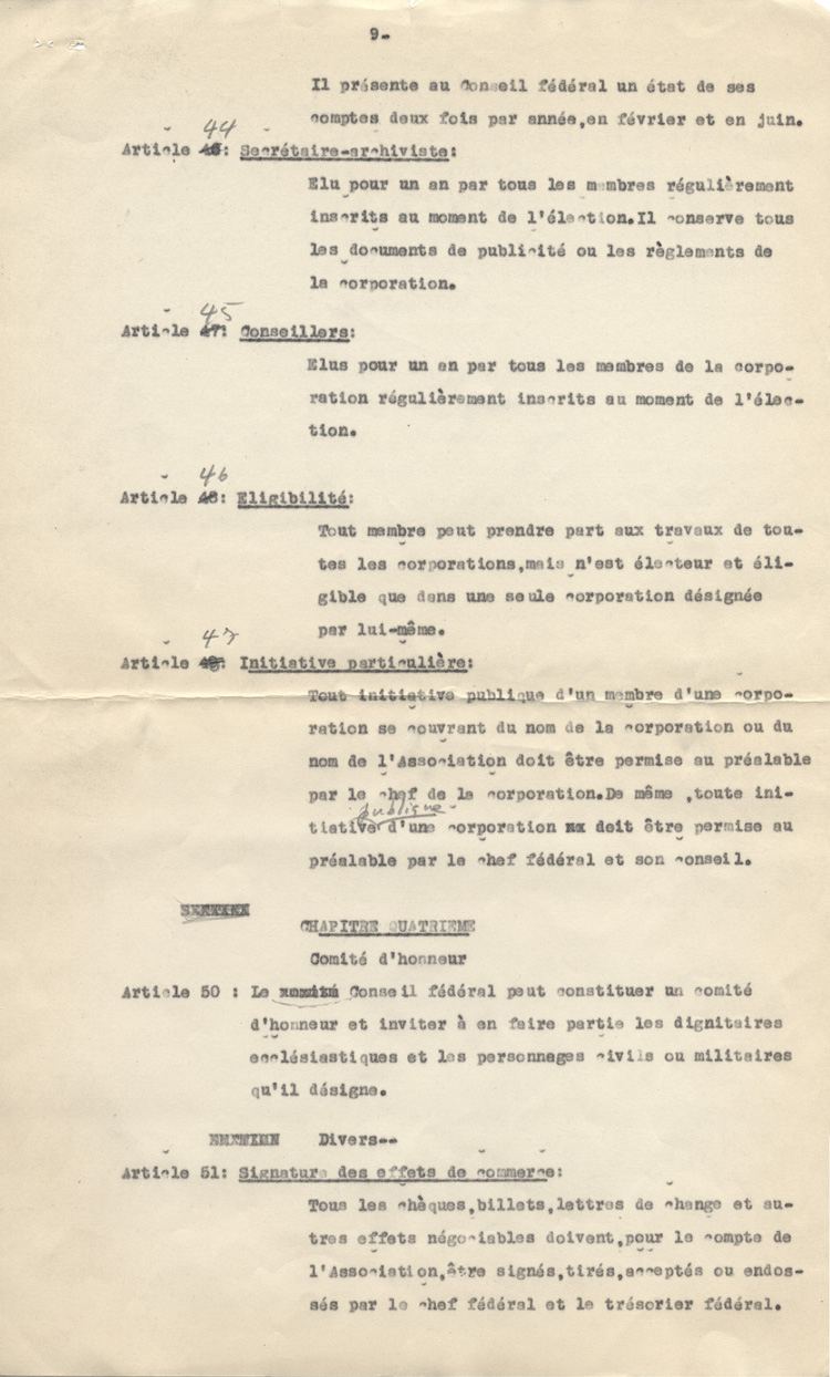 Copie de la constitution de L'Association des confr&egrave;res-artistes du Caveau (1947)