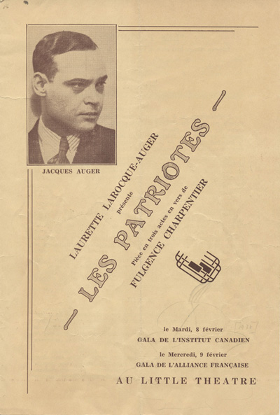Programme de la pi&egrave;ce Les Patriotes de Fulgence Charpentier (1938)