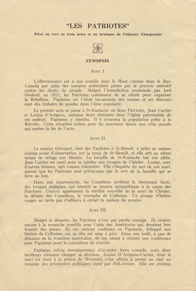 Programme de la pi&egrave;ce Les Patriotes de Fulgence Charpentier (1938)