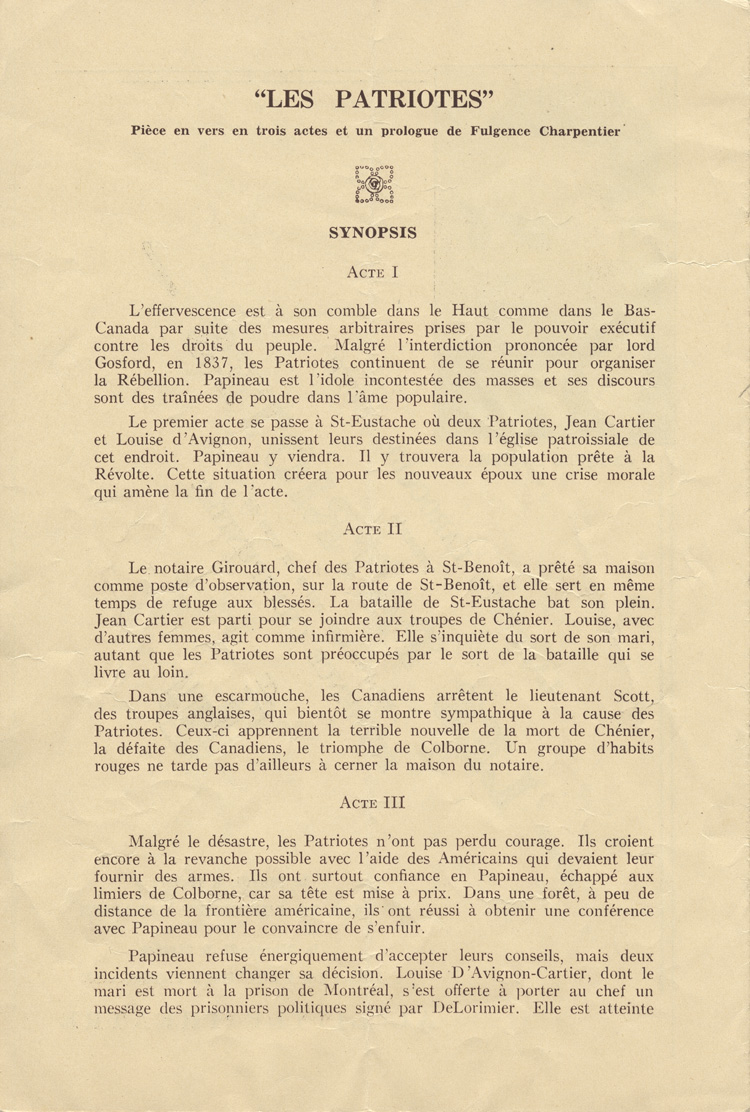 Programme de la pi&egrave;ce Les Patriotes de Fulgence Charpentier (1938)