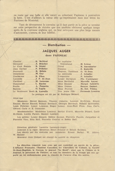 Programme de la pi&egrave;ce Les Patriotes de Fulgence Charpentier (1938)