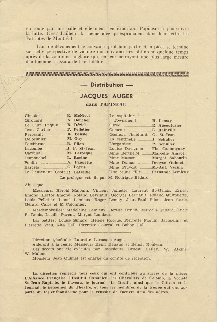 Programme de la pi&egrave;ce Les Patriotes de Fulgence Charpentier (1938)