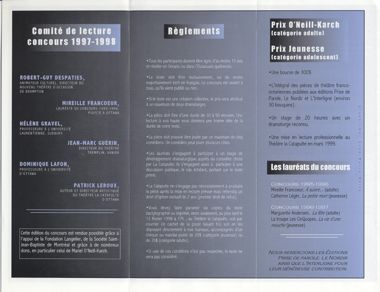 R&egrave;glements et fiche d'inscription au Concours annuel d'&eacute;criture dramatique  (1997)