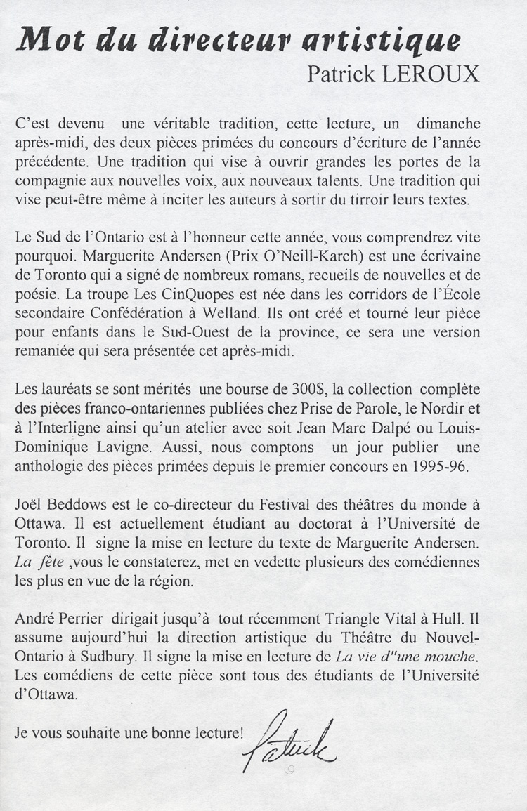 Programme de la mise en lecture des pi&egrave;ces prim&eacute;es au Concours annuel d'&eacute;criture (1997)