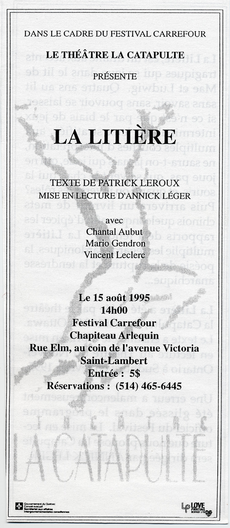 Publicit&eacute; de la mise en lecture par Annick L&eacute;ger de la pi&egrave;ce La Liti&egrave;re (1985)