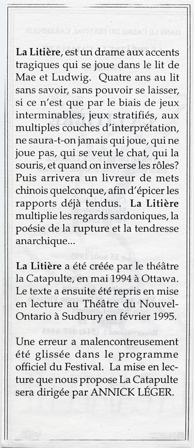 Publicit&eacute; de la mise en lecture par Annick L&eacute;ger de la pi&egrave;ce La Liti&egrave;re (1985)