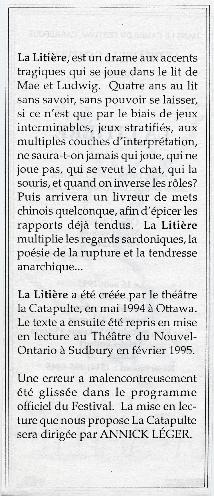 Publicit&eacute; de la mise en lecture par Annick L&eacute;ger de la pi&egrave;ce La Liti&egrave;re (1985)