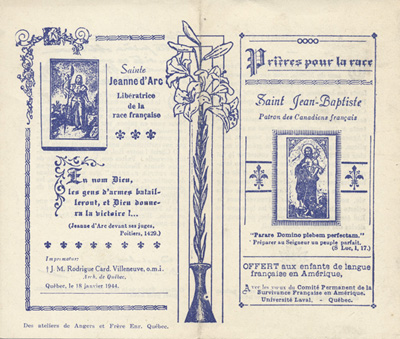 Reproduction d'un d&eacute;pliant intitul&eacute; Pri&egrave;res pour la race et offert aux enfants de langue fran&ccedil;aise en Am&eacute;rique par le Comit&eacute; permanent de la survivance fran&ccedil;aise en Am&eacute;rique, 1944, rectoo.