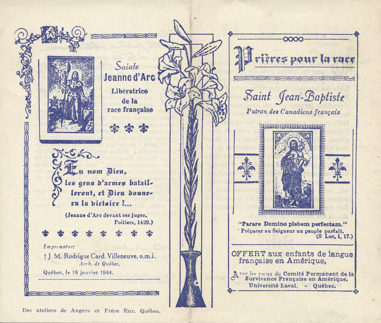 Reproduction d'un d&eacute;pliant intitul&eacute; Pri&egrave;res pour la race et offert aux enfants de langue fran&ccedil;aise en Am&eacute;rique par le Comit&eacute; permanent de la survivance fran&ccedil;aise en Am&eacute;rique, 1944, rectoo.