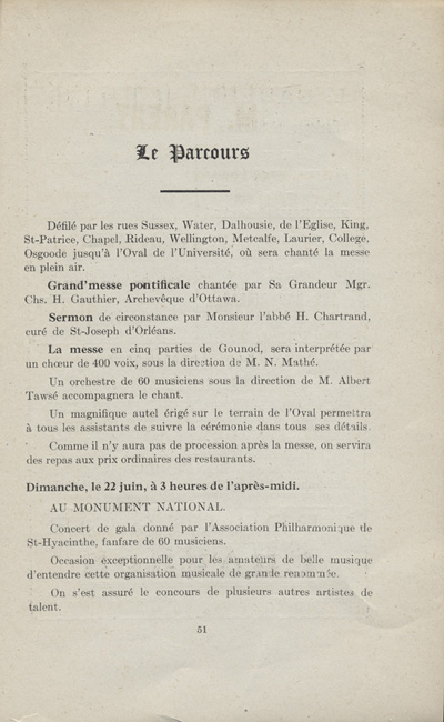 Reproduction de la cinquante-et-uni&egrave;me page du programme officiel des f&ecirc;tes du grand ralliement des Canadiens fran&ccedil;ais &agrave; l'occasion de la comm&eacute;moration du 60e anniversaire de la Soci&eacute;t&eacute; Saint-Jean-Baptiste d'Ottawa, du 21 au 24 juin 1913, 1913.