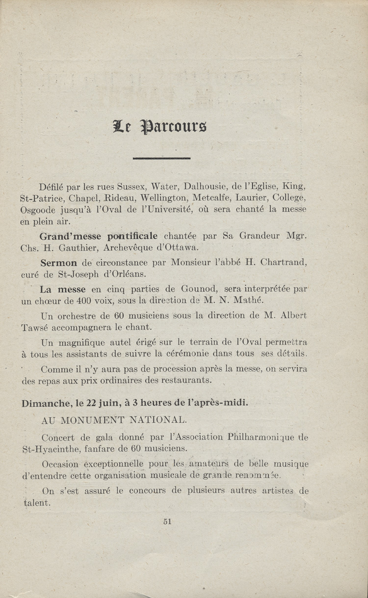 Reproduction de la cinquante-et-uni&egrave;me page du programme officiel des f&ecirc;tes du grand ralliement des Canadiens fran&ccedil;ais &agrave; l'occasion de la comm&eacute;moration du 60e anniversaire de la Soci&eacute;t&eacute; Saint-Jean-Baptiste d'Ottawa, du 21 au 24 juin 1913, 1913.