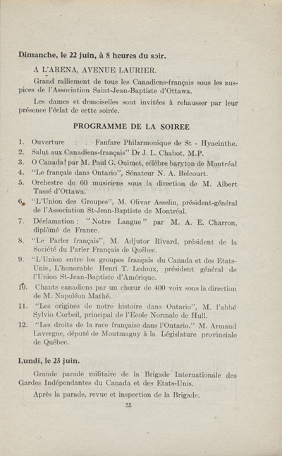 Reproduction de la cinquante-cinqui&egrave;me page du programme officiel des f&ecirc;tes du grand ralliement des Canadiens fran&ccedil;ais &agrave; l'occasion de la comm&eacute;moration du 60e anniversaire de la Soci&eacute;t&eacute; Saint-Jean-Baptiste d'Ottawa, du 21 au 24 juin 1913, 1913.