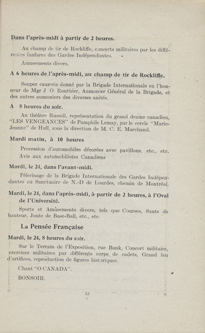 Reproduction de la cinquante-neuvi&egrave;me page du programme officiel des f&ecirc;tes du grand ralliement des Canadiens fran&ccedil;ais &agrave; l'occasion de la comm&eacute;moration du 60e anniversaire de la Soci&eacute;t&eacute; Saint-Jean-Baptiste d'Ottawa, du 21 au 24 juin 1913, 1913.