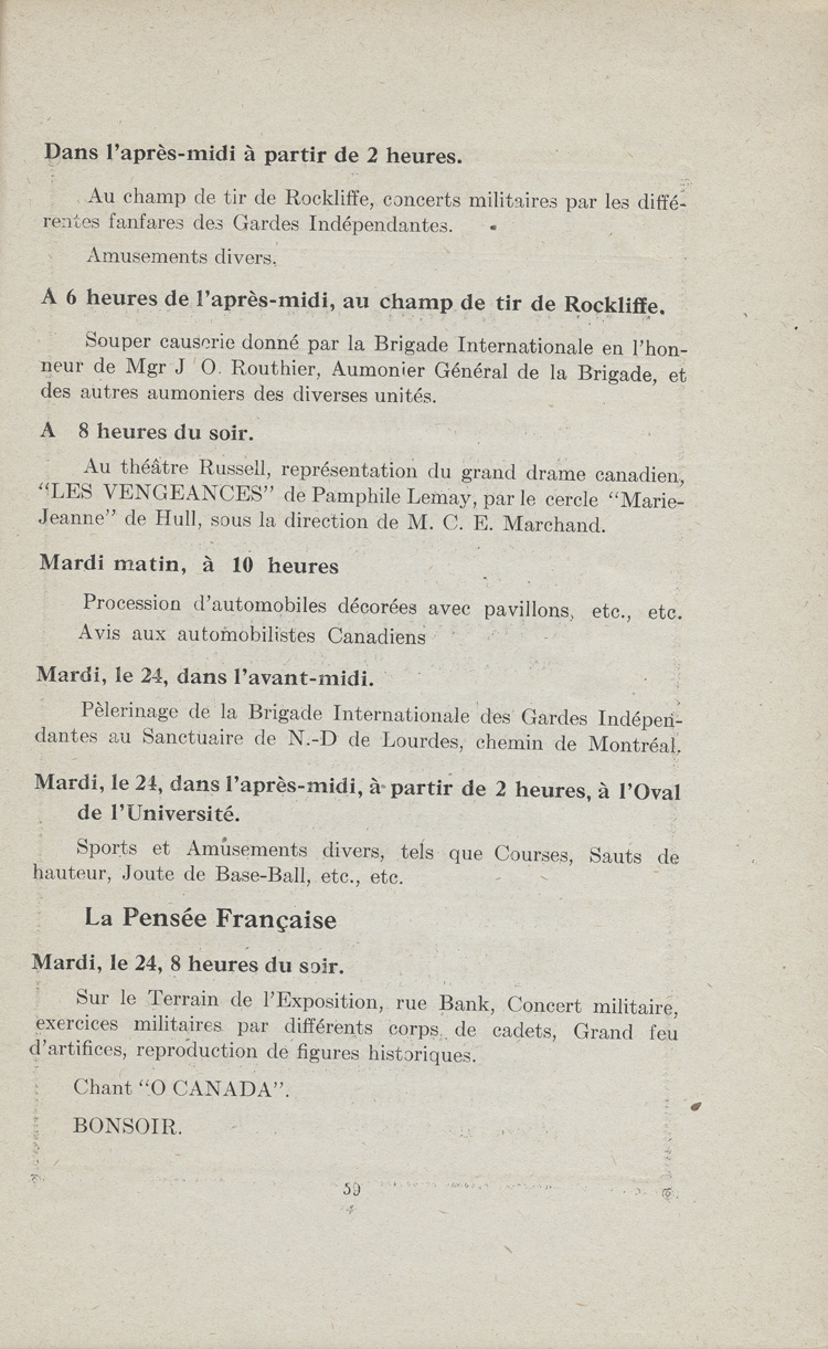 Reproduction de la cinquante-neuvi&egrave;me page du programme officiel des f&ecirc;tes du grand ralliement des Canadiens fran&ccedil;ais &agrave; l'occasion de la comm&eacute;moration du 60e anniversaire de la Soci&eacute;t&eacute; Saint-Jean-Baptiste d'Ottawa, du 21 au 24 juin 1913, 1913.