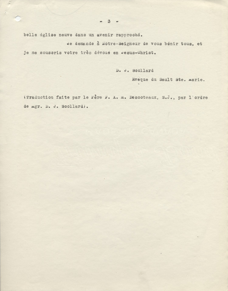 Lettre de l'&eacute;v&ecirc;que Mgr David Joseph Scollard