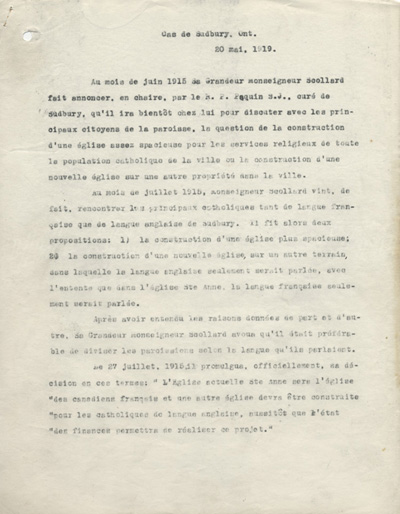 Lettre de la part des d&eacute;l&eacute;gu&eacute;s officiels de la paroisse Sainte-Anne-des-Pins de Sudbury