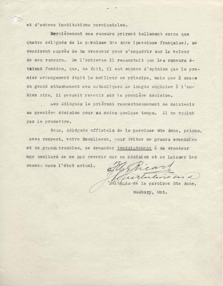 Lettre de la part des d&eacute;l&eacute;gu&eacute;s officiels de la paroisse Sainte-Anne-des-Pins de Sudbury
