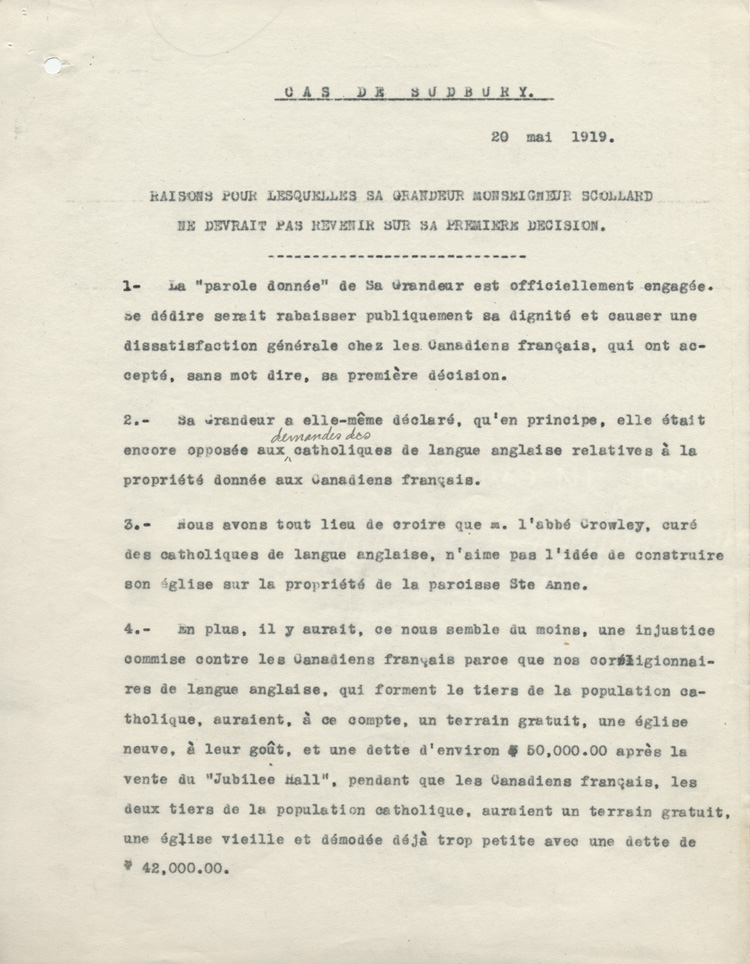 Lettre de la part des d&eacute;l&eacute;gu&eacute;s officiels de la paroisse Sainte-Anne-des-Pins de Sudbury