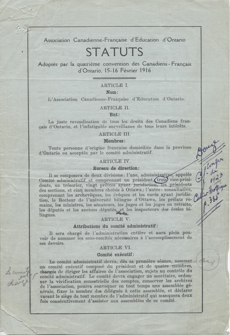 Statuts de l'Association canadienne-fran&ccedil;aise d'&eacute;ducation d'Ontario
