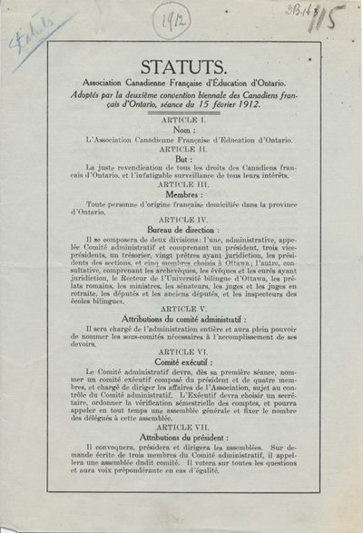 Statuts de l'Association canadienne-fran&ccedil;aise d'&eacute;ducation d'Ontario