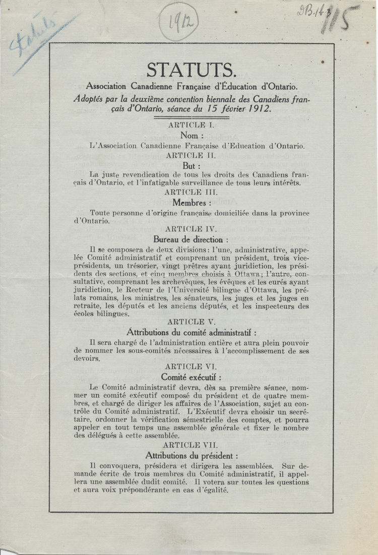 Statuts de l'Association canadienne-fran&ccedil;aise d'&eacute;ducation d'Ontario