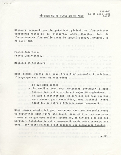 discours de Andr&eacute; Cloutier (1983)