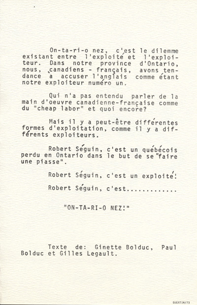 Programme de la pi&egrave;ce ON-TA-RI-O NEZ (1973)