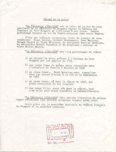 La P&eacute;ninsule, 1759-1959, pi&egrave;ce communautaire (1976)