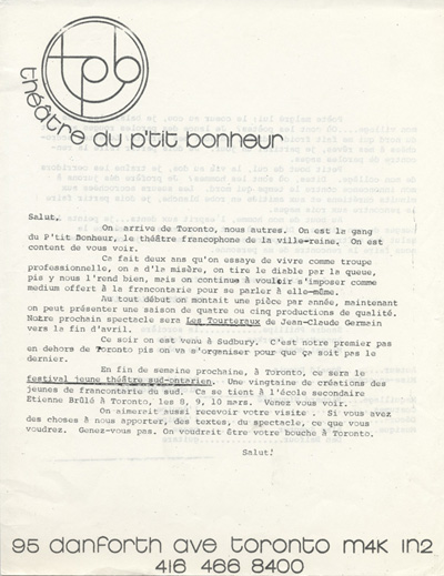 Lettre de pr&eacute;sentation du Th&eacute;&acirc;tre du P'tit Bonheur (1973)