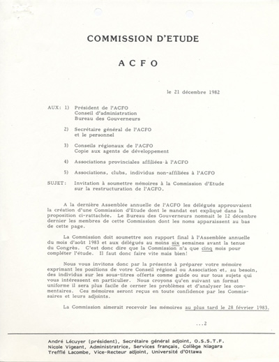 Lettre circulaire de la Commission d'&eacute;tude sur la restructuration de l'ACFO