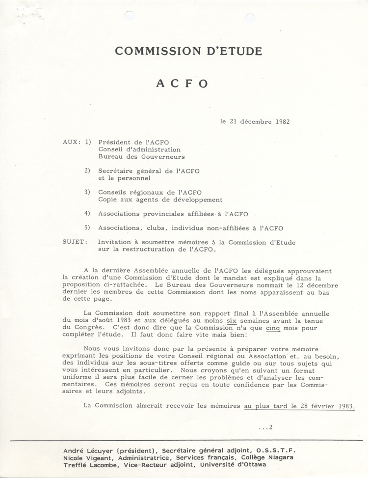 Lettre circulaire de la Commission d'&eacute;tude sur la restructuration de l'ACFO