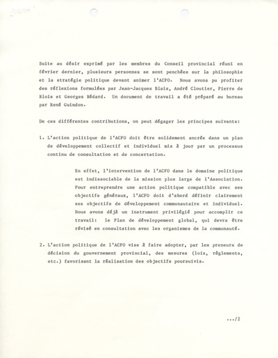 &laquo; Orientation de l'action politique de l'Association canadienne-fran&ccedil;aise de l'Ontario &raquo; (1985)