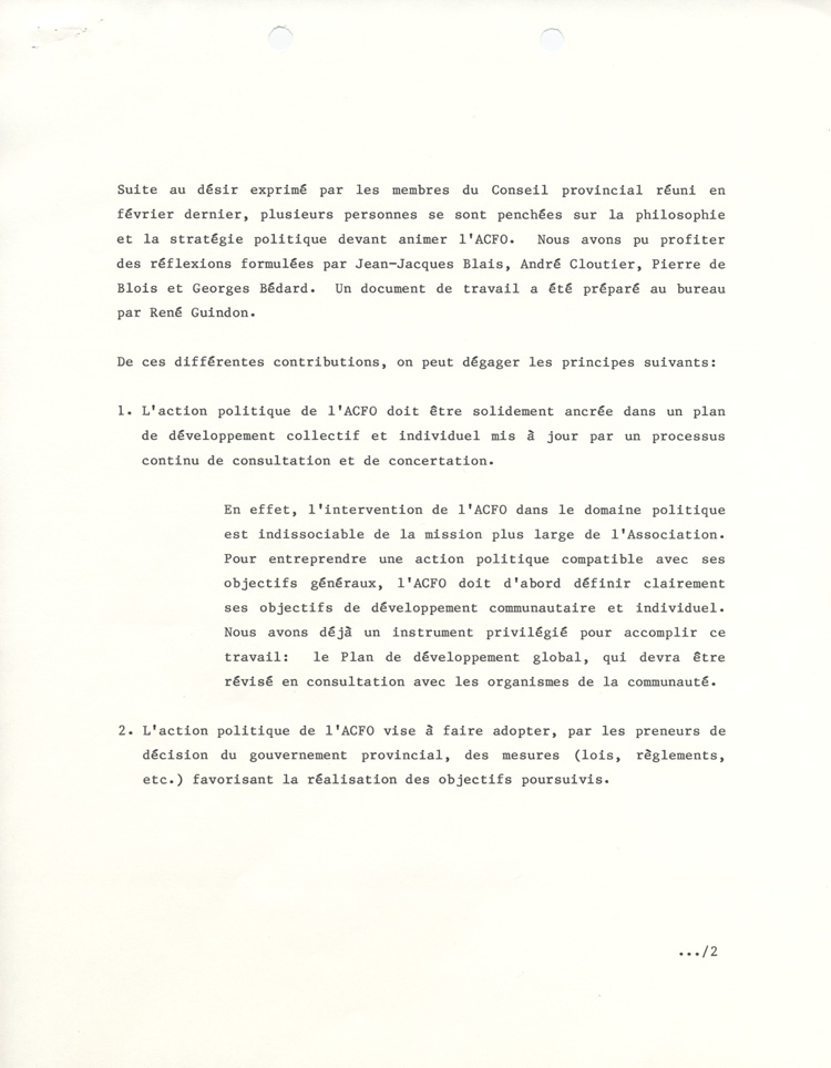 &laquo; Orientation de l'action politique de l'Association canadienne-fran&ccedil;aise de l'Ontario &raquo; (1985)