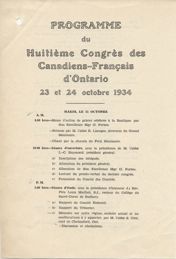 Programme du 8e congr&egrave;s des Canadiens fran&ccedil;ais d'Ontario (1934)