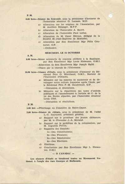 Programme du 8e congr&egrave;s des Canadiens fran&ccedil;ais d'Ontario (1934)