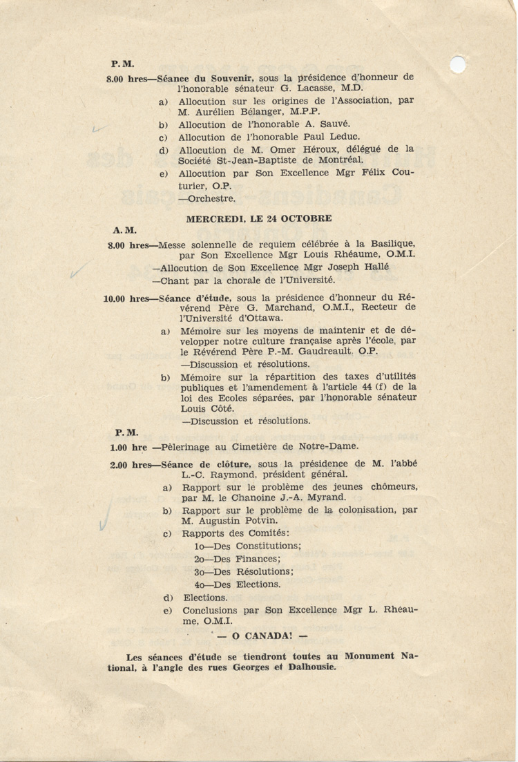 Programme du 8e congr&egrave;s des Canadiens fran&ccedil;ais d'Ontario (1934)