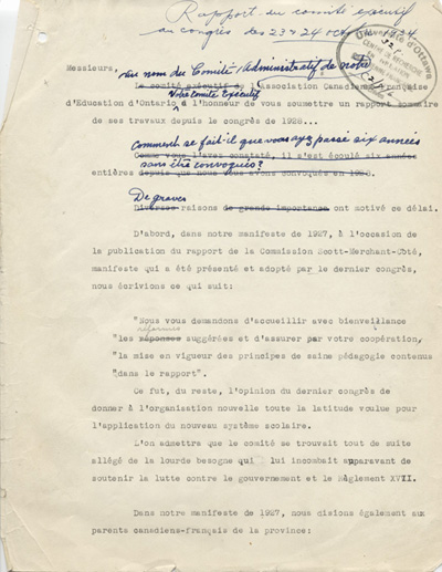 Rapport du Comit&eacute; ex&eacute;cutif au 8e congr&egrave;s g&eacute;n&eacute;ral de l'ACFEO (1934)