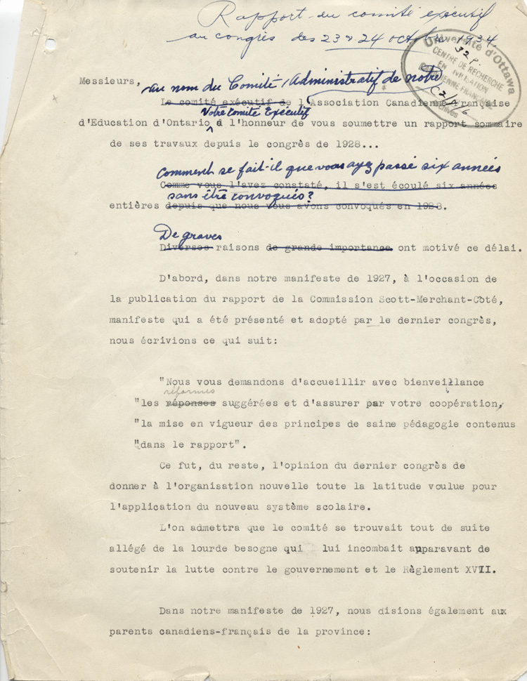 Rapport du Comit&eacute; ex&eacute;cutif au 8e congr&egrave;s g&eacute;n&eacute;ral de l'ACFEO (1934)