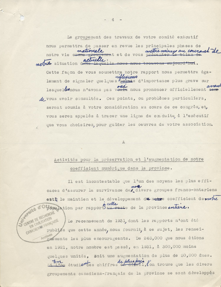 Rapport du Comit&eacute; ex&eacute;cutif au 8e congr&egrave;s g&eacute;n&eacute;ral de l'ACFEO (1934)