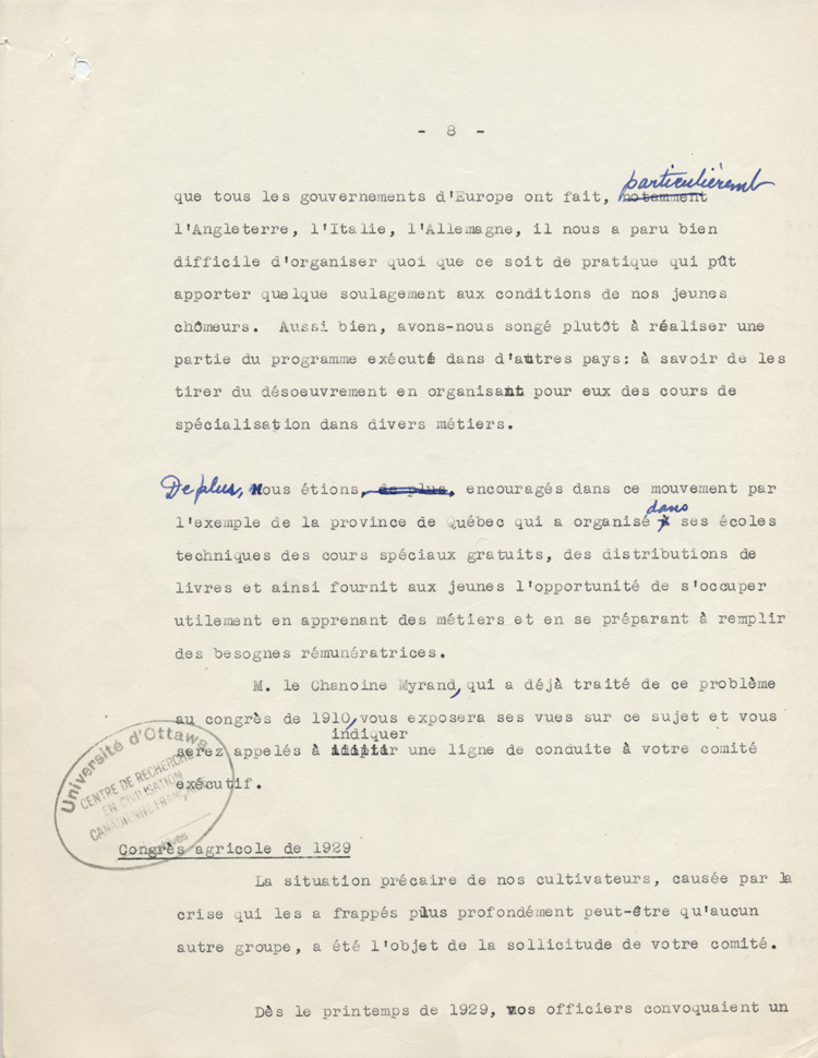 Rapport du Comit&eacute; ex&eacute;cutif au 8e congr&egrave;s g&eacute;n&eacute;ral de l'ACFEO (1934)