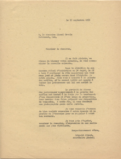 Lettre de L&eacute;opold Allard, 1955.