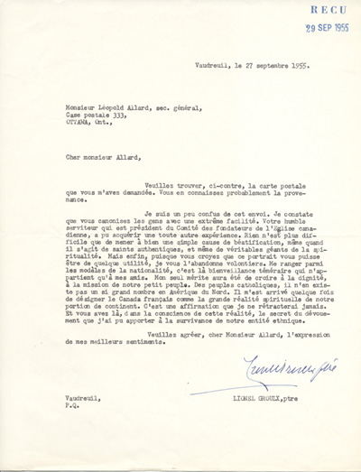 Lettre du chanoine Lionel Groulx &agrave; L&eacute;opold Allard, 1955.